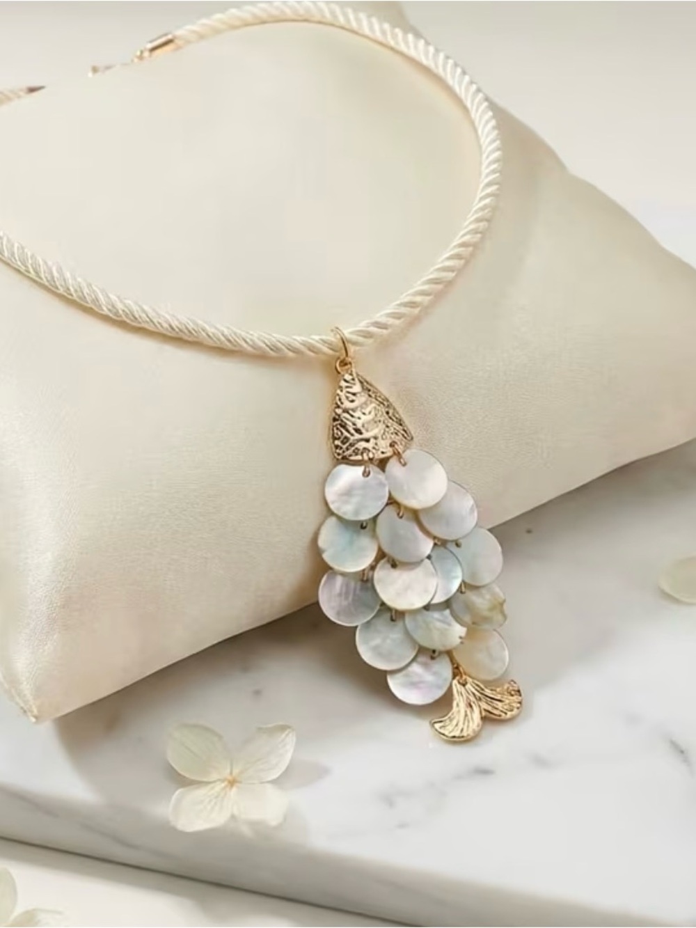 Cream Rope Necklace with Iridescent Shell Cluster Pendant